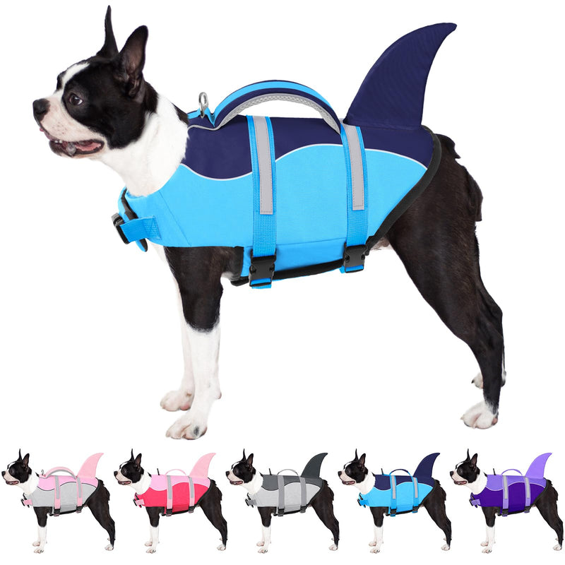 AOFITEE Dog Life Jacket, Dog Life Vest for Swimming, Shark Dog Life Vest with Rescue Handle and Reflective Stripe, Ripstop Dog Lifesaver Float Coat, Dog Swimming Vest for Small Medium Large Dogs Blue