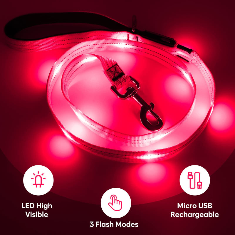 4 Ft Led Dog Leash, Rechargeable Light Up Dog Leash Waterproof, Safety Glow in The Dark Dog Leash for Night Walking, Nylon Reflective Leashes with Padded Handle for Small Medium Large Pets Pink