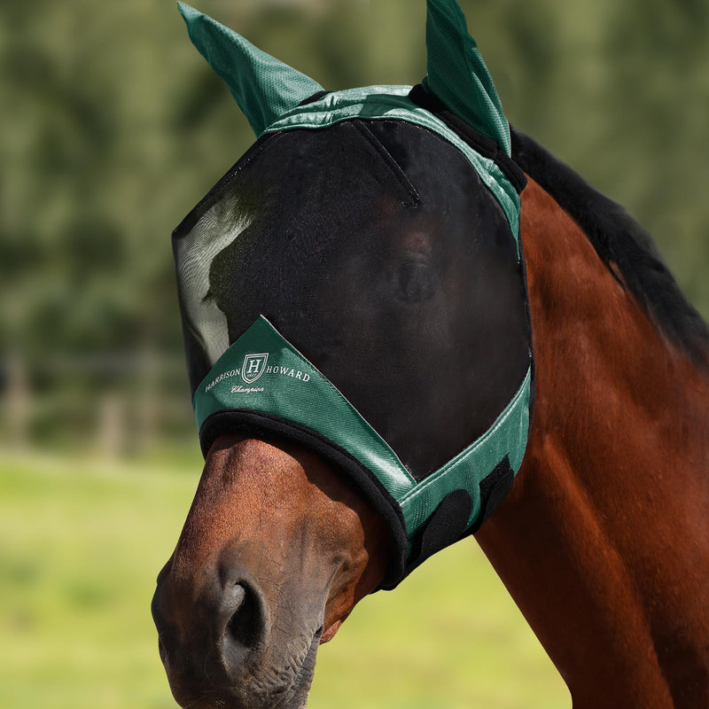 Harrison Howard Pro Luminous Horse Half Face Fly Mask Large Eye Space with Ears UV Protection for Horse Hunter Green S