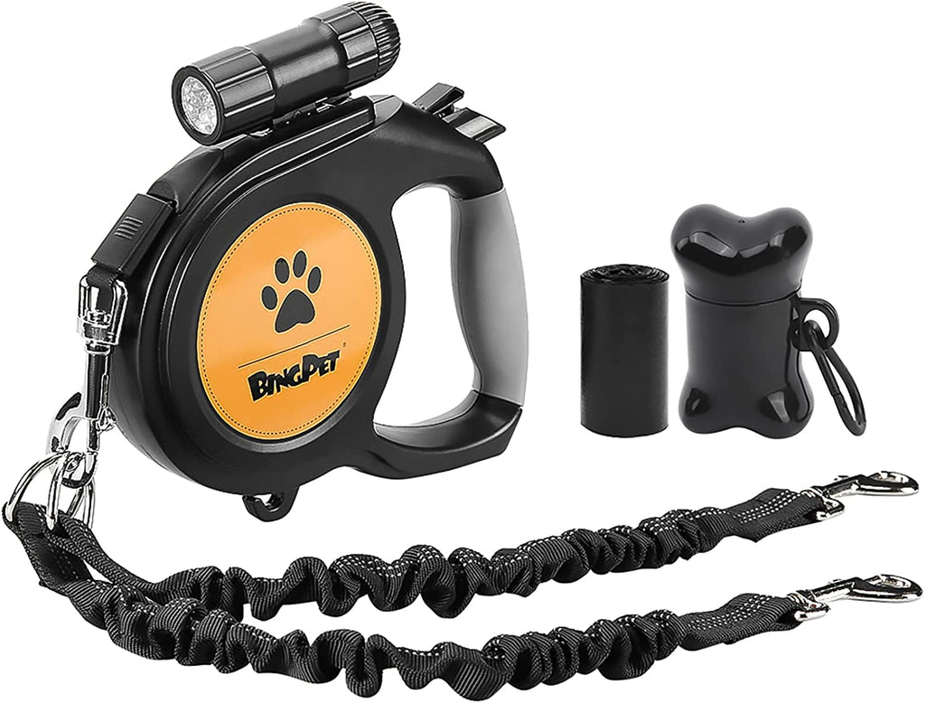 BINGPET Dual Retractable Dog Leash - 26ft Heavy Duty Double-Head Lockable Extendable Pet Leash with LED Flashlight, Poop Bags, Reflective Elastic Rope for Dogs Walking, Up to 110 lbs Blue - PawsPlanet Australia