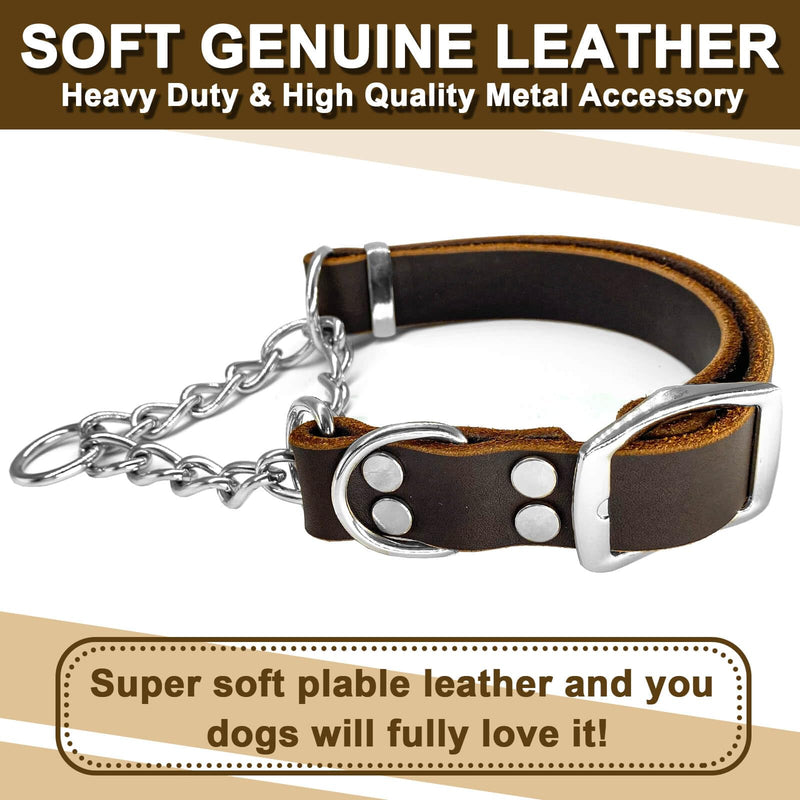 Leather Martingale Dog Collar, Soft Genuine Cowhide Handmade Assembled Stainless Steel Chain Martingale Collar Adjustable for Medium Large Dogs Pets. (L, Neck 20-25"(Martingale)) L, Neck 20-25"(Martingale)