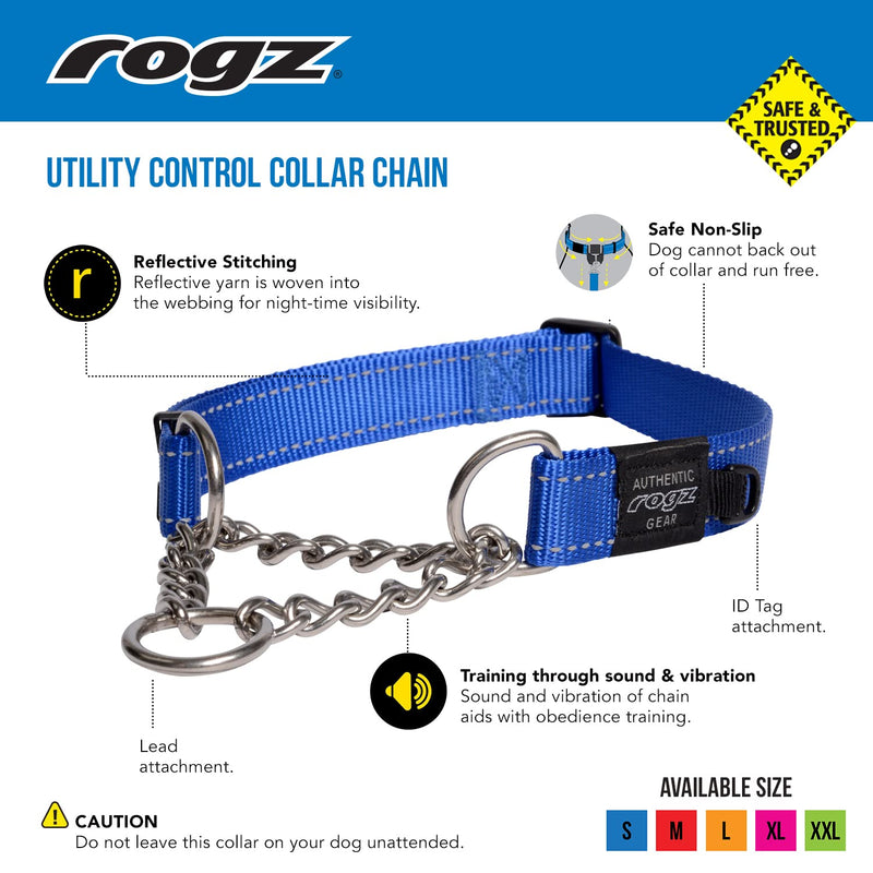 Rogz Utility Medium 5/8-Inch Reflective Snake Obedience Half-Check Dog Collar, Blue - PawsPlanet Australia