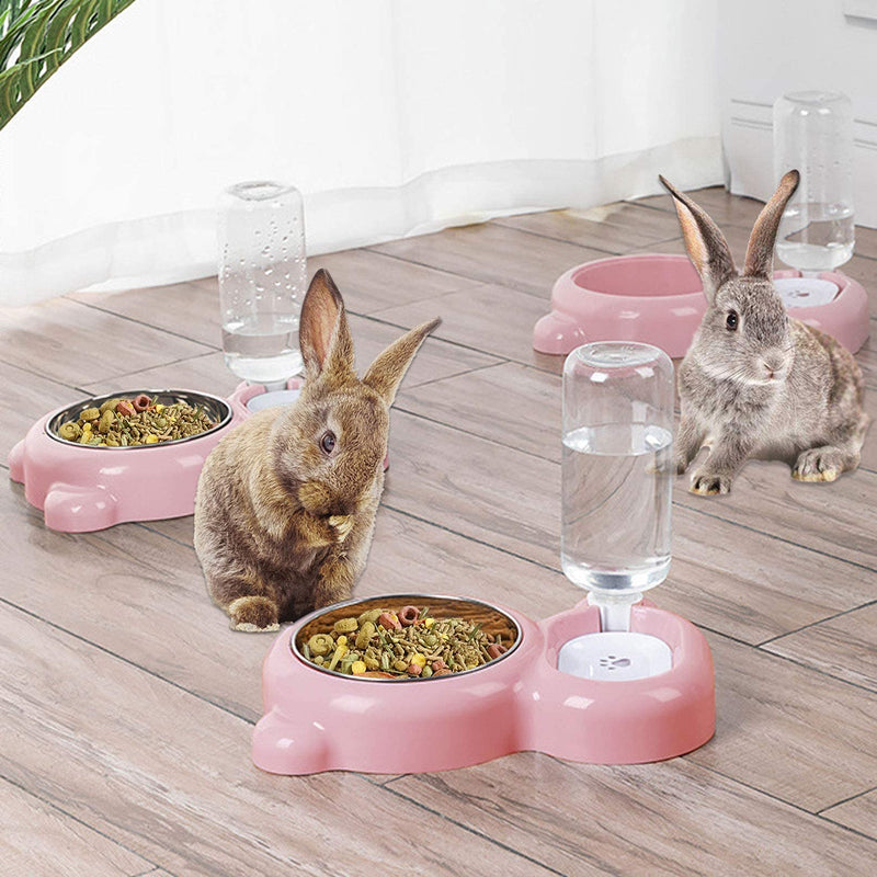 Rabbit Double Bowls Bunny Automatic Water Dispenser Detachable Stainless Steel Bowl No-Spill Water Bottle Food Feeder for Small Animals Bunny Squirrel Cat Puppy Chinchilla Pink - PawsPlanet Australia