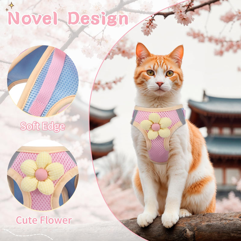 Cat Harness and Leash Set for Walking Escape Proof, Adjustable Kitten Harness Breathable Mesh with Reflective Strips Harness with Flower for Kitty Puppy Bunny Sakura pink Extra Small - PawsPlanet Australia