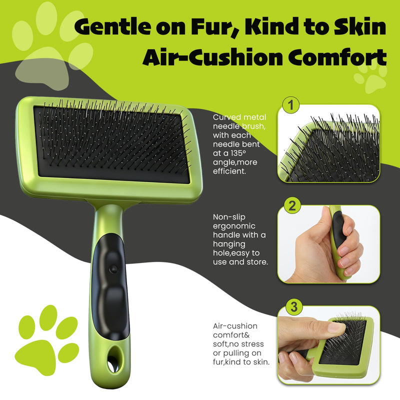 Cat & Dog Brush Set, Pet Grooming Kit with Metal Comb, Slicker Brush, Hair removal Glove for Detangling and Dematting Long, Matted Fur, Green - PawsPlanet Australia