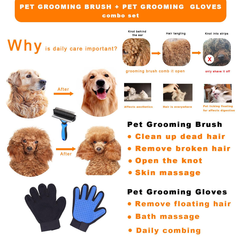 2 in 1 Dog Grooming Brush & Grooming Gloves Combo, Dematting Comb for Dogs - Deshedding Undercoat Rake, Pet Hair Grooming Brush for Long and Short Haired Dogs or Cats(Large, Blue) - PawsPlanet Australia