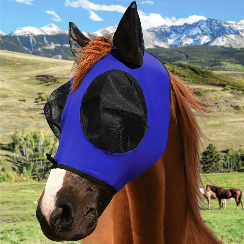 Horse Fly Mask with Forelock Opening Stretch,Horse Fly Mask Half Face with Ears, Full Face UV Protection for Horses, Breathable Fine Mesh Equine Fly Mask(Navy-L) Navy L