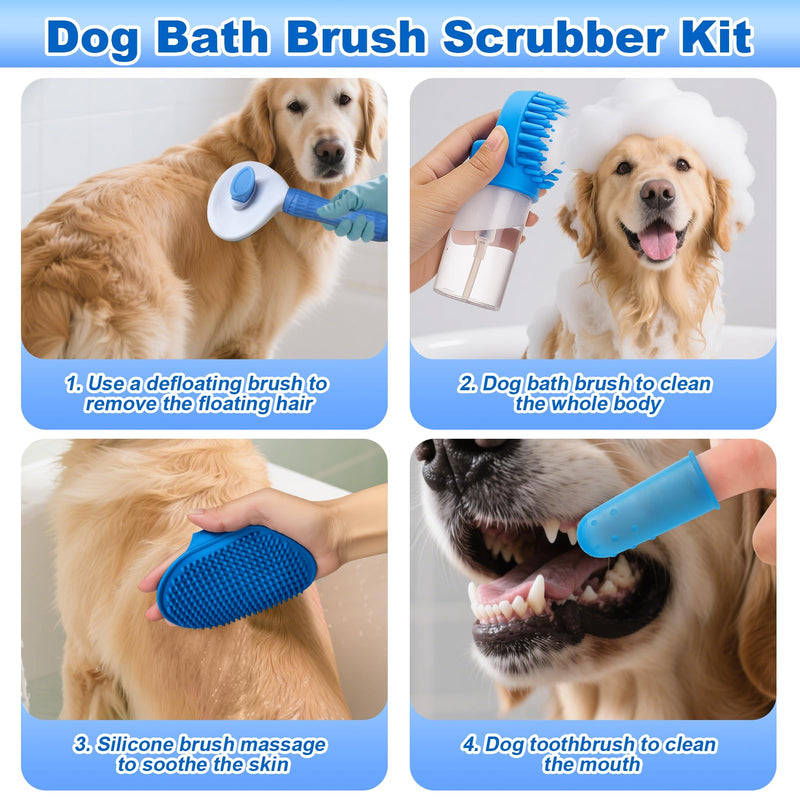 XANGNIER Dog Bath Brush Scrubber Kit,Pet Shower Washing Brush Bathing Supplies Set-With Shampoo and Soap Dispenser,Finger Toothbrush,Silicone Grooming Scrub Tool for Cat Dog Puppy Long Short Hair - PawsPlanet Australia