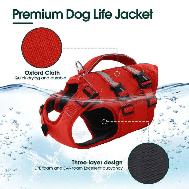 Kuoser Dog Life Jacket, High Flotation Dog Life Vest for Swimming Boating, Adjustable Ripstop Dog Lifesaver for Small Medium and Large Dogs, Reflective Safety Pet Life Preserver with Rescue Handle Small (Chest Girth:16.93-21.26'') A-Red - PawsPlanet Australia