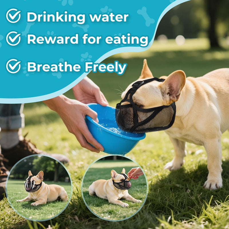 French Bulldog Muzzle with Breathable Open Eye Hole Design, Allows Tongue Extension - Soft Short Snout Dog Muzzle for French Bulldog, Pug, Shih Tzu to Prevent Biting Allow Drink & Feed(XL,Black) - PawsPlanet Australia