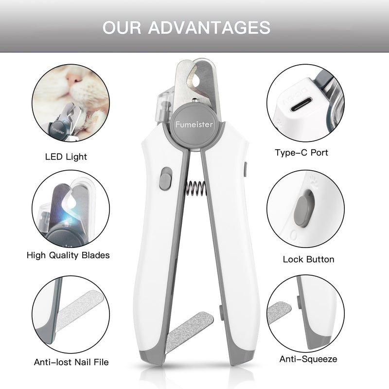 Type-C Rechargeable Dog & Cat Nail Clippers - LED Pet Nail Trimmer with Built-in Nail File, Extra Sharp Blades for Small & Medium Dogs, Indoor Cats (White-Gray) White-gray - PawsPlanet Australia