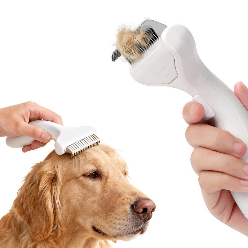 Pet Grooming Combo Tool for Cats and Dogs, Deshedding and Dematting Rake with Metal Comb forDetangling Long, Matted Fur (White) White