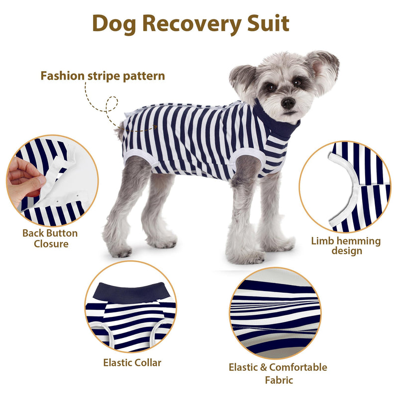 Striped Dog Surgery Suit Female Male Dog Recovery Body Suit After Surgery, Soft Cotton Surgical Recovery Vest Pet Medical Shirt Button Closure, Wound Protection, Easy to Wear, Dark Navy S