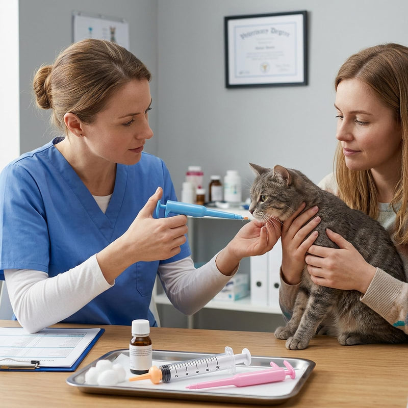 3-piece set in pink, containing a cat pill dispenser, a practical set for administering medication, easy to use with resistant pets, light blue and with 10 ml