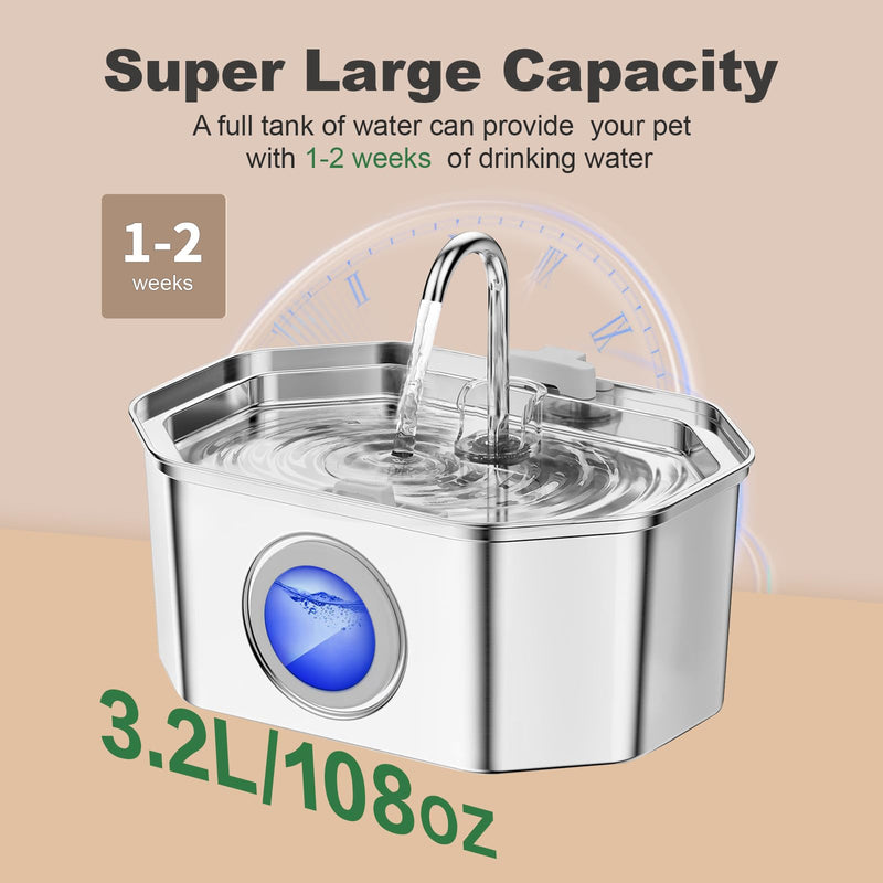 Cat Water Fountain Stainless Steel 108oz/3.2L, APAUK Automatic Pet Fountain Dog Water Dispenser with Water Level Window, Quiet Cat Fountain for Drinking, Inside with Replacement(4 Filters&4 Sponges) Cat Fountain 4 Filters + 4 Sponges - PawsPlanet Australia