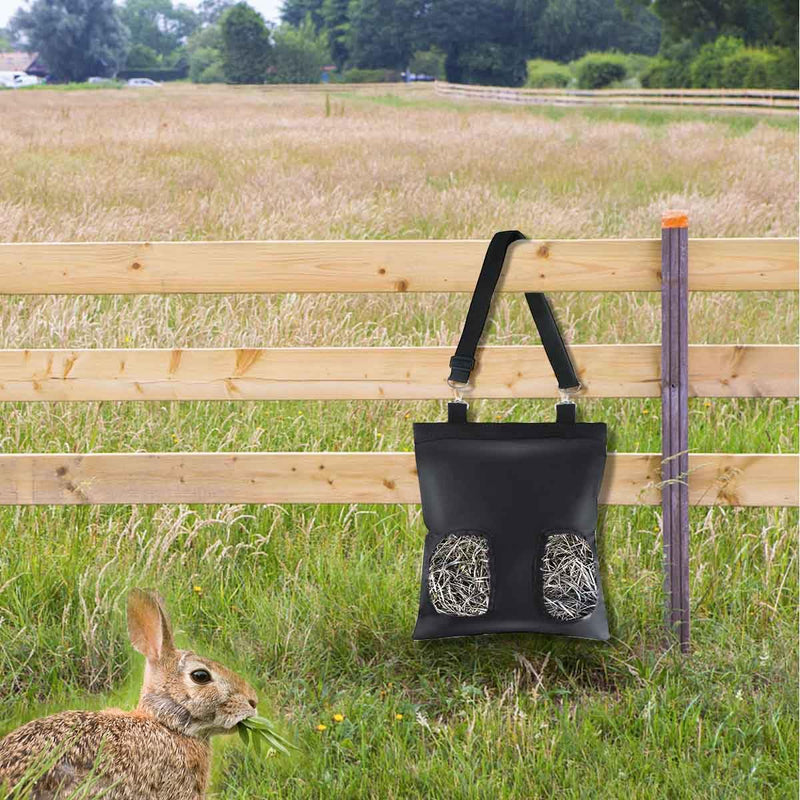 Rabbit Hay Feeder Bag Guinea Pig Hay Feeder Storage with 2 Holes Bunny Feeding Bag Small Animal Pets Hanging Hay Feeder for Chinchilla Bunny Hamsters Oxford Fabric Cloth Hay Bag for Animals (Black)