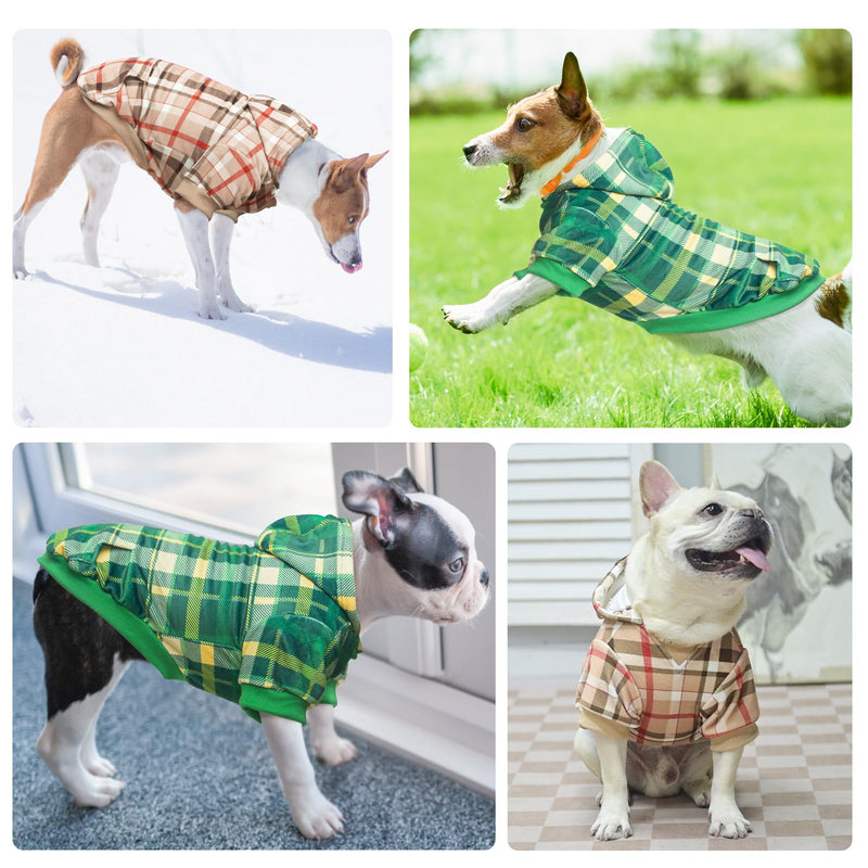 BEAUTYZOO Plaid Dog Hoodie -Dog Clothes for Small Medium Dogs, British Style Fleece Dog Sweater with Pocket and Leash Hole, Puppy Sweatshirt Pullover Cozy Warm Pet Outfit French Bulldog Coats, Beige S/M (Back: 14",Chest: 19", Neck: 12") - PawsPlanet Australia