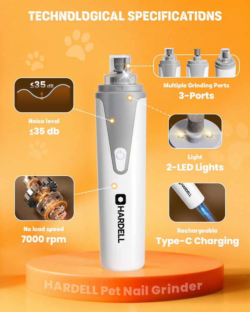 HARDELL Dog Nail Grinder, Super Quiet Dog Nail Trimmers with 2 LED Lights & 3 Grinding Ports, Safety Pet Nail Grinder for Small Dogs/Cats & Puppy Dog Nail Trimmer (white) - PawsPlanet Australia