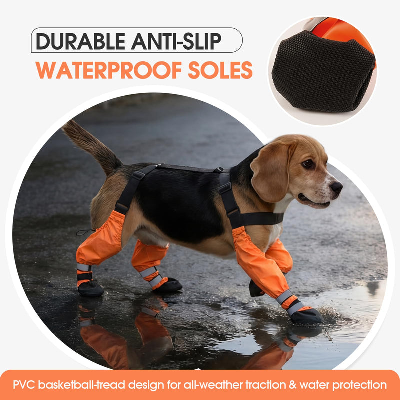 Pezluxe Dog Suspender Boots, Waterproof Anti-Slip Dog Rain Boots with Adjustable Strap for Small Medium Large Dogs, Reflective Paw Protector Pet Shoes for Outdoor Walking, Rain Snow Hiking, Orange, XS - PawsPlanet Australia