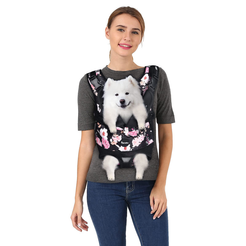 Petmolico Dog Carrier Backpack, Adjustbale Dog Front Backpack Legs Out Puppy Backpack for Small Medium Dogs Travelling Hiking Shopping Black with Peony - PawsPlanet Australia