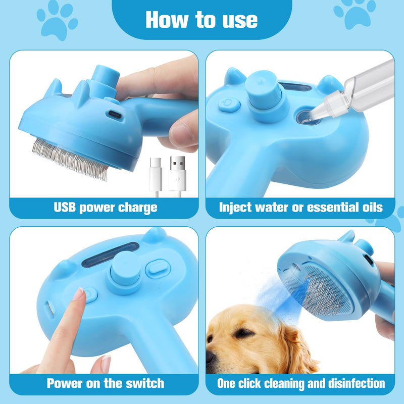 Pet Steam Brush for Dog,Gentle Cat & Dog Brush for Shedding Self-Cleaning Cat Brushes for Indoor Cats Spary Pet Hair Removal Tool for Massage,Grooming Dog Brush for Short&Long Haired Dogs Blue - PawsPlanet Australia