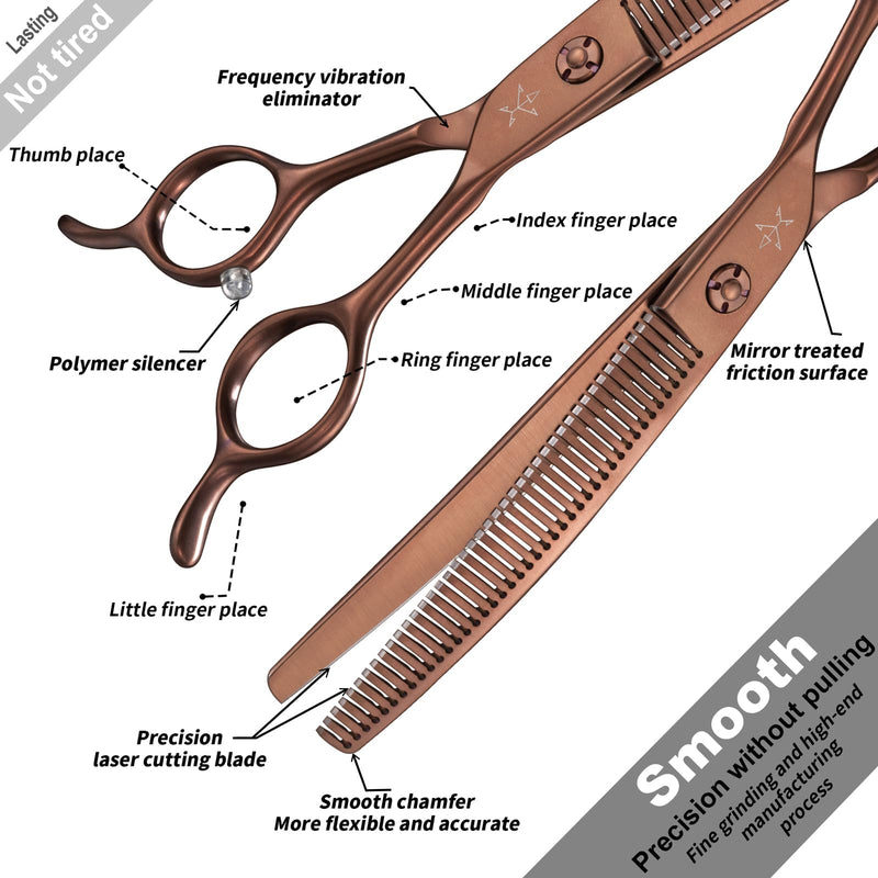 High-end Professional Dog Grooming Curved Thinning Scissors Teeth Blending Shears Pet Texturizing Thinner Blender Shears 7 Inch Extremely Very Sharp Made Of Stainless Steel Alloy For Dog Cat Groomer Coppery Brown Curved Thinning 7inch - PawsPlanet Australia