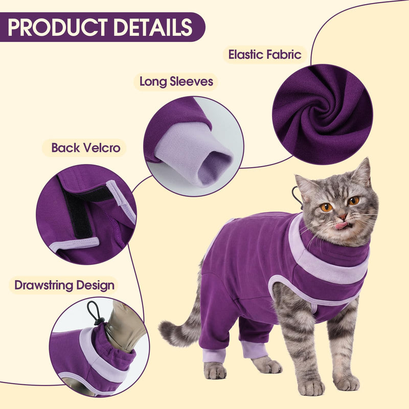 Cat Surgical Recovery Suit, Full Hind Leg Coverage Cat Post Surgery Suit, Cone Alternative, Drawstring Neck Anti Escape, Stop Licking and Scratching, Allergy Recovery Suit for Large Cats Purple
