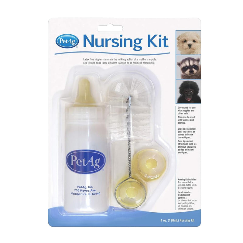 Pet-Ag Nursing Kit - 4 oz - Promotes The Natural Feeding of Liquids to Baby Animals - Each Kit Includes 4 oz. Bottle with Cap, 3 Nipples & Cleaning Brush 4oz Bottle Kit