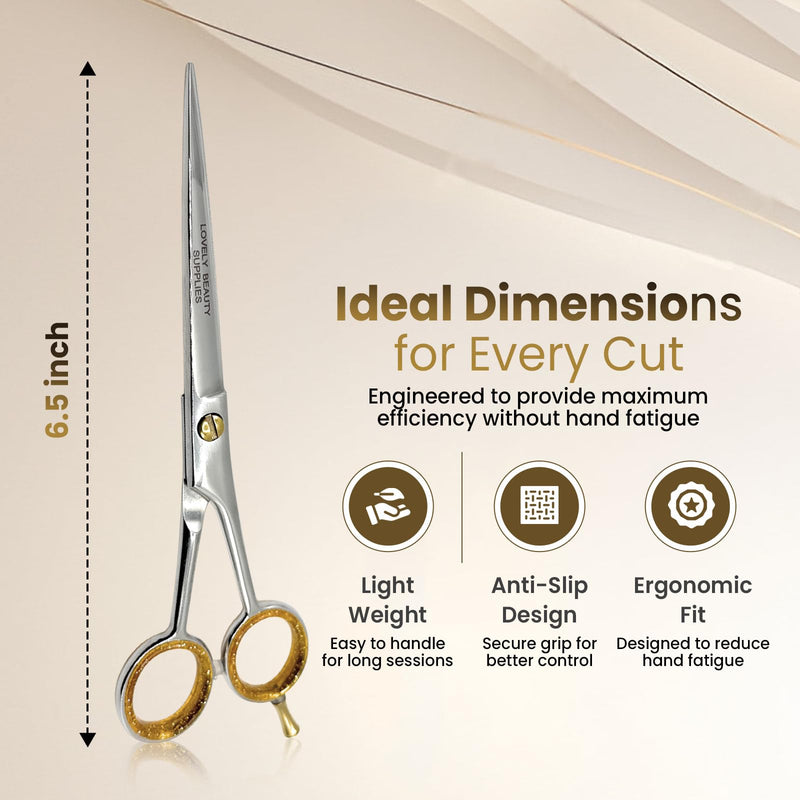 Professional Barber Scissors 6.5" - Sliver- Hair Cutting Shears - Includes Leather Case & Comb - High Carbon Steel, Ergonomic Grip, LBS