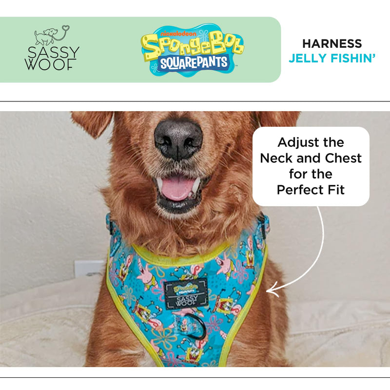 Sassy Woof Dog Adjustable Harness - Spongebob Squarepants™ Jelly Fishin' - XS, Breathable Mesh, No Pull Design with Two D-Rings, Patented Design, Perfect for Small Dogs - Officially Licensed X-Small