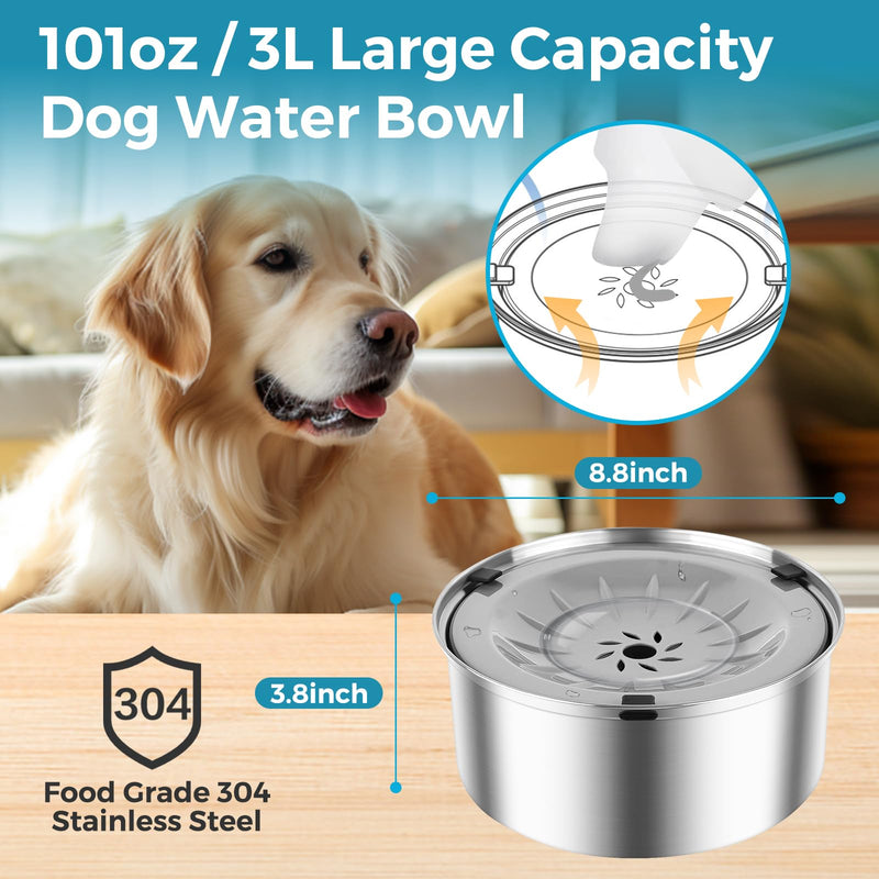 3L/101oz Dog Water Bowl No Spill Stainless Steel Pet Water Dispenser Large Capacity Travel Water Bowl No Splash Slow Water Bowl for Dogs and Cats, Non-Slip, Grey Plastic Floating Disk - PawsPlanet Australia