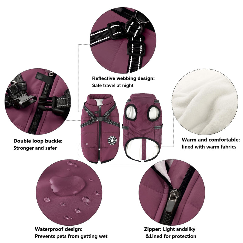 Aiboria Dog Jackets Coat for Winter Windproof Waterproof Skiing Dog Vest Fleece Warm Chest Strap Belt Purple L Violet Large - PawsPlanet Australia