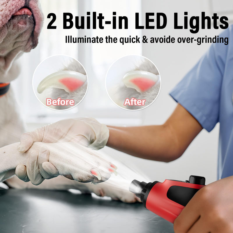 Casfuy Smart 6-Speed Dog Nail Grinder - 50% More Power Pet Nail Grinder with 2 LED Lights Quiet Rechargeable Electric Dog Nail Trimmers File Toenail Grinder for Large Medium Small Dogs & Cats (Red) Red - PawsPlanet Australia