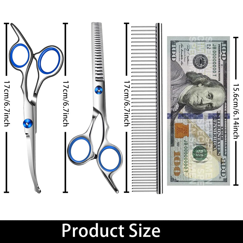 Dog Scissors for Grooming with Safety Round Tip,Dog Grooming Kit,Dog Shears Set,Incude Thinning,Curved Grooming Scissors and Comb for Pets.Suitable for The Right Hand Blue 3 in 1 - PawsPlanet Australia