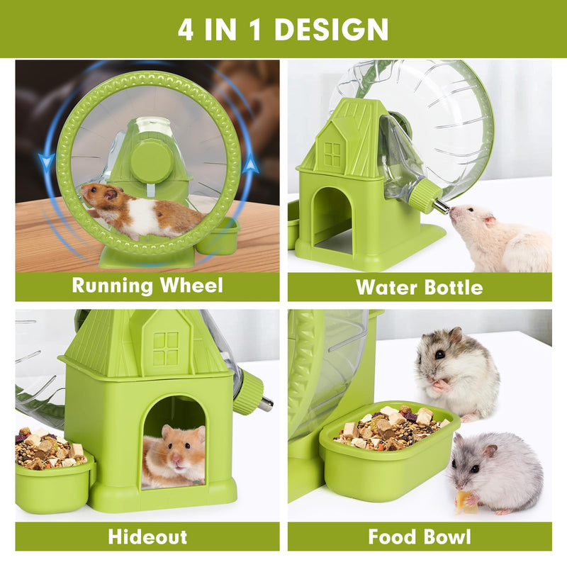 VANNON 4 in 1 Quiet Hamster Exercise Wheel, Multi Functional Hamster House with Running Wheel, Water Bottle, Food Bowl and Hideout, Small Animals Exercise Running Toys for Hamsters Gerbils Mice, Green - PawsPlanet Australia