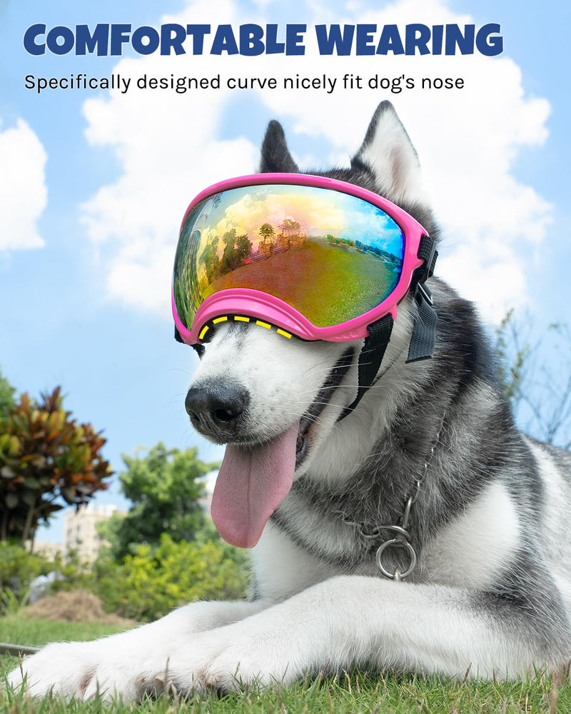 Large Dog Sunglasses, Dog Goggles Large Breed and Medium, UV Protection, Windproof, Dustproof and Snowproof. Shatterproof Lens, Adjustable Strap Pink - PawsPlanet Australia