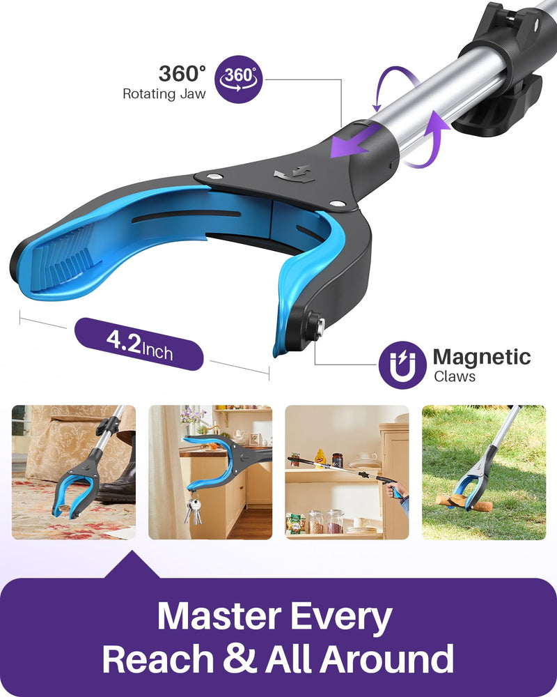 KEKOY Pro 32-inch Reacher Grabber Pickup Tool, Heavy Duty Grabbers for Seniors Foldable Pick Up Trash Stick with Anti-Slip 360° Rotating Jaw, 4" Wide Extended Weed Gripper Claw with Magnet 32 Inch of 1 Pack