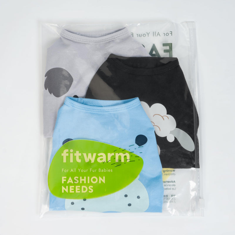 Fitwarm 3 Pack Hippo Sheep Koala Dog Shirt, Summer Clothes for Small Dogs Boy Girls, Funny Pet Outfit, Black, White, Gray, Blue, Medium Hippo-Sheep-Koala