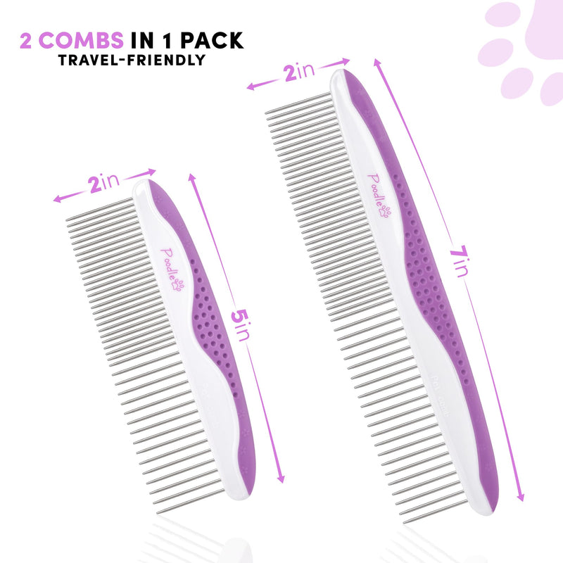 Poodle Pet Dog Combs for Grooming | 2 Pack | Stainless Steel Teeth Easily Remove Dirt | Proper Care Prevents Knots and Mats for Long and Short Haired Pets | Anti-Slip Comfort Grip Handle (Purple) Purple