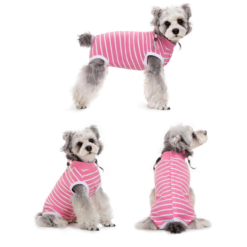 Striped Dog Surgery Suit - Soft Cotton Recovery Body Suit After Surgery, Wound Protection, Easy to Wear, Pink L