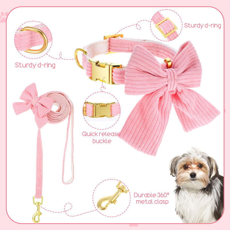 Dog Collar and Leash Set with Bowtie, Pink Cute Girl Dog Collars Bow Metal Buckle Adjustable Corduroy Dogs Collar 10‘’-16‘’for Small Medium Puppy Dogs with 5 FT Leash Pink S - PawsPlanet Australia