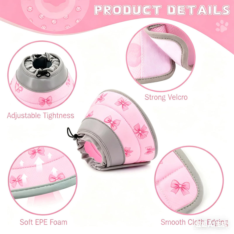 Soft Cat Cone Collar Adjustable Elizabethan Recovery Collar for Cats Kittens After Surgery Foldable Cat Donut Cone to Stop Licking (Pink,S) Small / Bow pattern