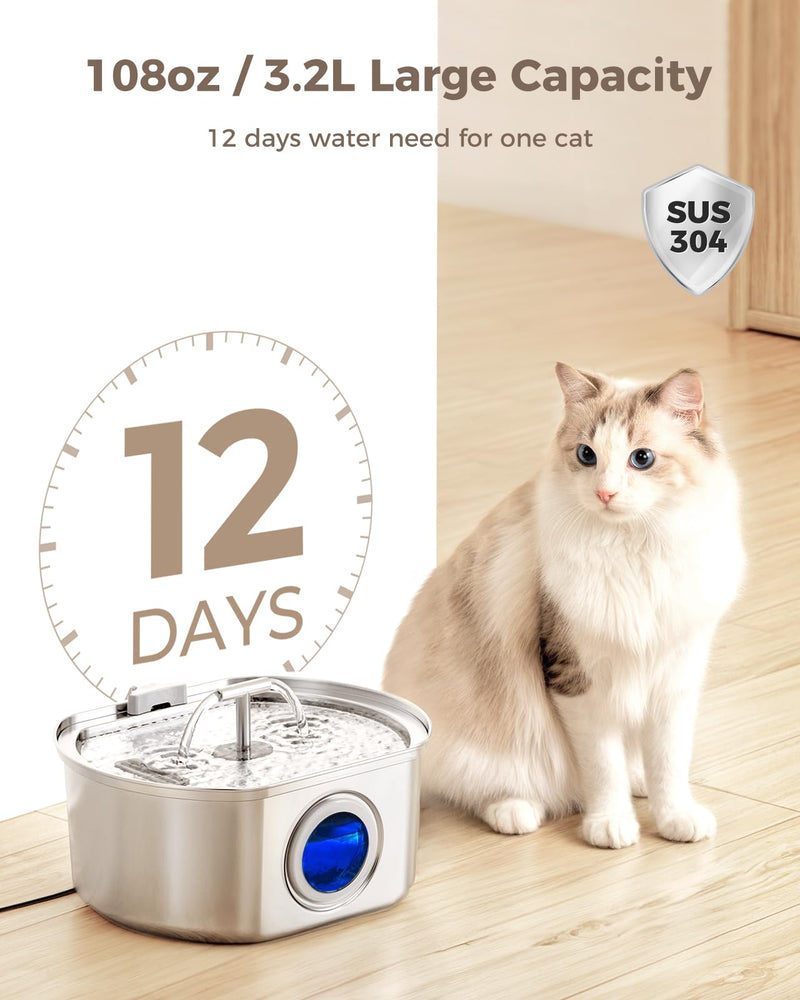 Cat Water Fountain Stainless Steel - Pet Drinking Fountain for Cats Indoor - 3.2L/108oz Automatic Water Dispenser with Watering Level Window (4 Filter) Cat Fountain + 4 Filters + 4 Sponges - PawsPlanet Australia