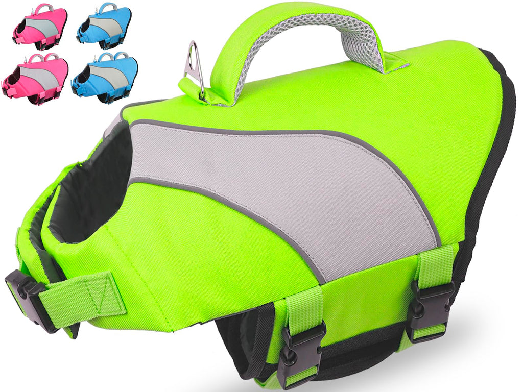 Fragralley Safety Dog Life Jacket, High Buoyancy & Reflective Dog Life Vest for Swimming, Boating, Surfing, Rescue Handle Float Preservers Vests for Small Medium Large Dogs - S (Single Handle) Small (Single handle) Green+Grey