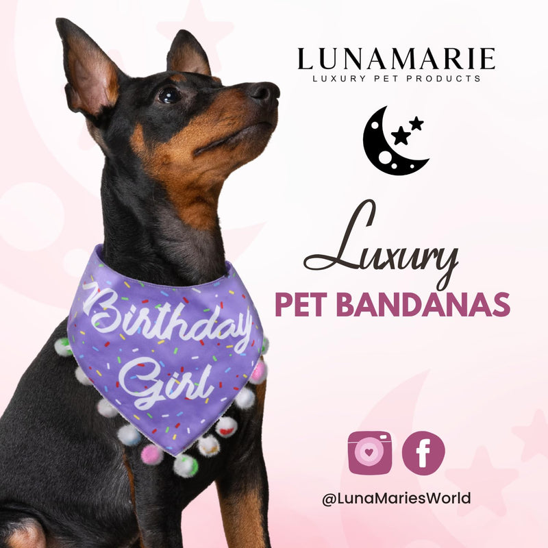 LunaMarie - Luxury Pet Birthday Bandanas -Premium & Silky Poly Fabric | 100% Handmade | Custom Shape Dual Layered (Birthday Girl Purple, X-Small) - PawsPlanet Australia
