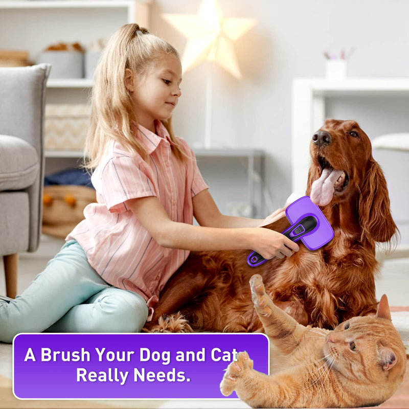 Dog Brush for Shedding, Self-Cleaning Slicker, 4 PCS Kit with Bath Brush, Flea & Steel Combs, Ideal for Short & Long Haired Pets, Removes Mats, Tangles, Fur, Gentle on Skin. Purple Purple 4 in 1 - PawsPlanet Australia