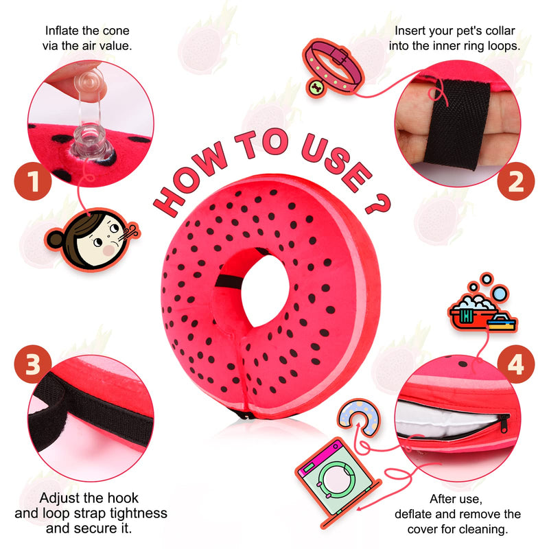 Pitaya Inflatable Dog Donut Collar, Soft Recovery Cone for Large, Medium & Small Dogs & Cats, Adjustable E Collar, Does not Block Pet Vision Red Pattern Plush Fabric-XL