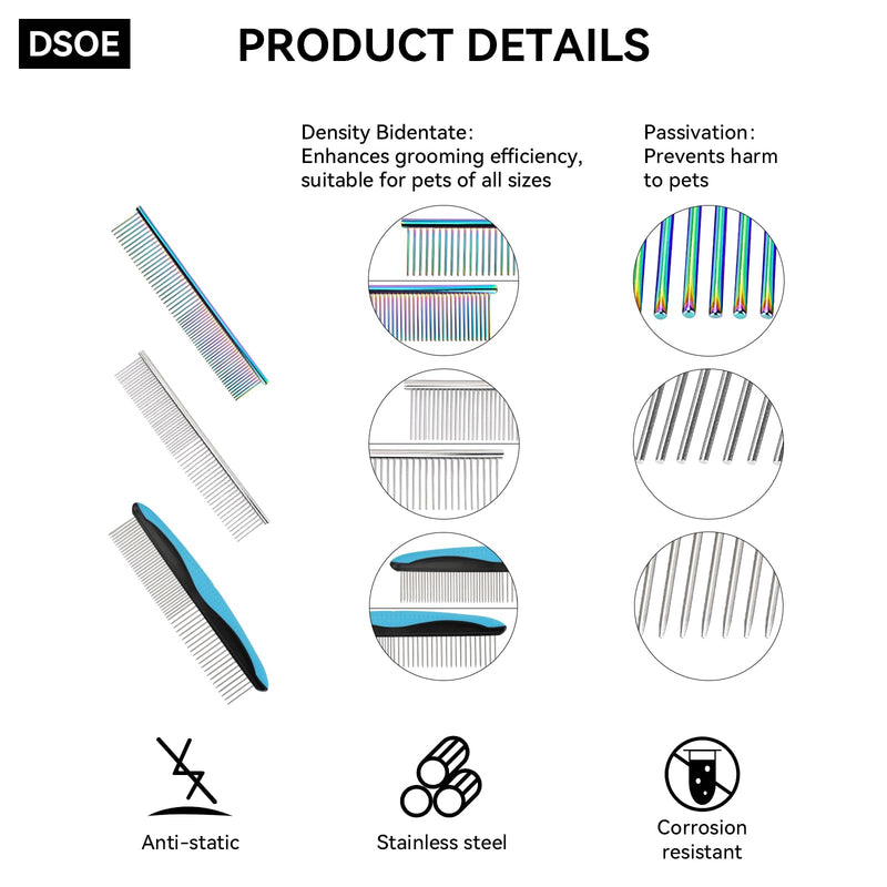 3 PCS Dog Combs for Grooming Matting, Pet Grooming Tools, 2 in 1 Dog Combs with Rounded Ends Stainless Steel Teeth, Cat Comb for Removing Tangles and Knots, Pet Comb, metal comb for dogs, 7.4IN/1.3IN Stainless Steel*3 - PawsPlanet Australia
