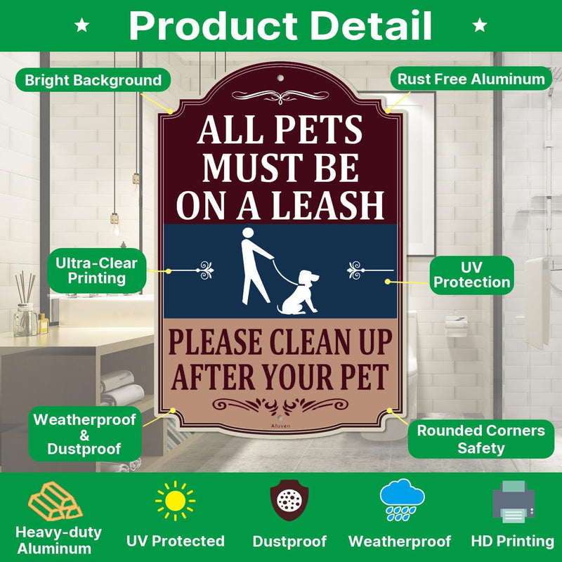 All Pets Must Be On A Leash Please Clean Up After Your Pet Signs No Dog Poop Pee 12" x 18" Metal Rust Aluminum Waterproof Easy Mounting Outdoor Use 2 Pack