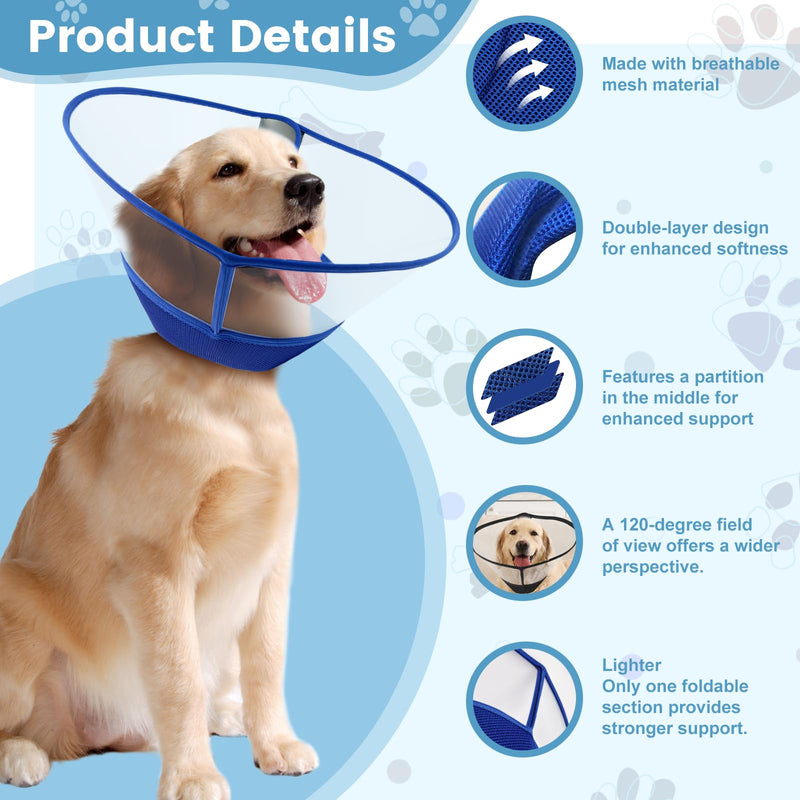 Upgraded Dog Cone Collar After Surgery, Soft Breathable Pet Recovery Collar with Double-Layer Design and Support Plate, Adjustable Dog Cone Collar for Large Medium Dogs, Elizabethan Collar （Blue，XL） Blue XL（Neck：15.35-17.72”）